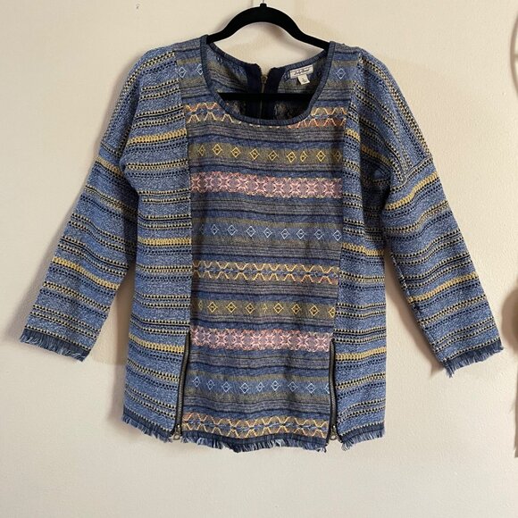 LUCKY BRAND Womens Chunky Tweed Boho Sweater Crochet Bottom Fray Blue Size L - Picture 3 of 12